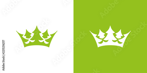 Tree crown logo. Stylized forest symbol combining evergreen trees with a royal crown shape.