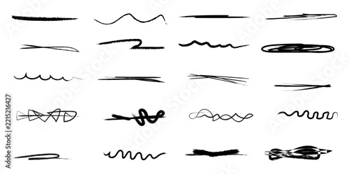 Set of hand drawn black ink brush strokes and abstract scribble lines for design elements