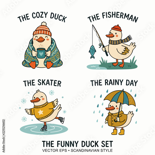 Charming duck character collection with cheerful expressions and entertaining playful poses