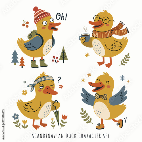 Cheerful cartoon duck characters designed for children's products, greeting cards, and decorations