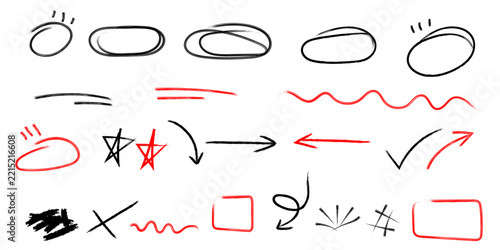 Set of hand drawn design elements including circles arrows stars and abstract lines in black and red