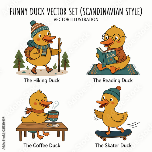 Charming funny duck set featuring cheerful characters in entertaining everyday situations