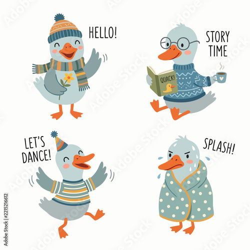 Cheerful duck characters collection featuring amusing poses, expressions, and whimsical accessories