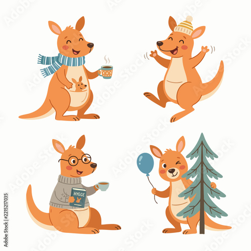 Adorable Kangaroo Character Set with Funny Faces, Colorful Outfits, and Creative Accessories