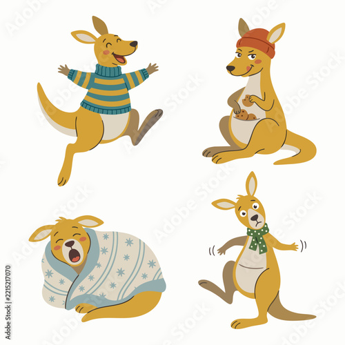Adorable Kangaroo Characters Collection with Cheerful Expressions and Whimsical Australian Accessories