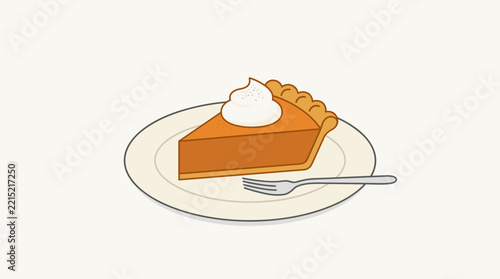 Minimalist flat vector line art illustration of a pumpkin pie slice with whipped cream on a plate with a fork