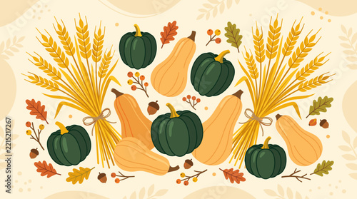 Flat vector layout of autumn harvest with green pumpkins, butternut squash, wheat sheaves, and fall leaves