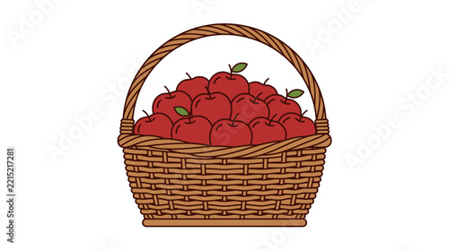 Minimalist flat vector line art illustration of a woven wicker basket filled with fresh red apples