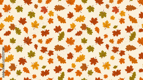Flat vector seamless pattern of falling autumn maple and oak leaves in warm seasonal colors