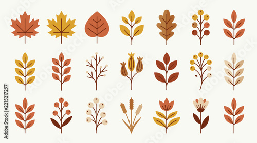 Flat vector icon set and collection of autumn botanical elements including leaves, branches, berries, and flowers