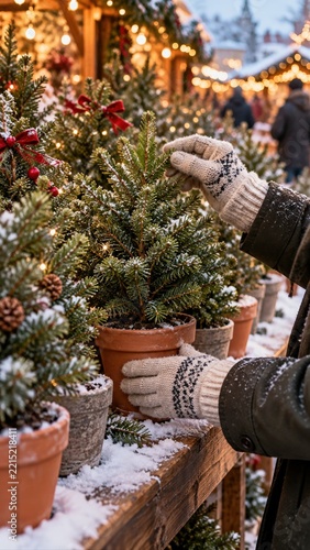 Customer Choosing Small Christmas Tree at Winter Market