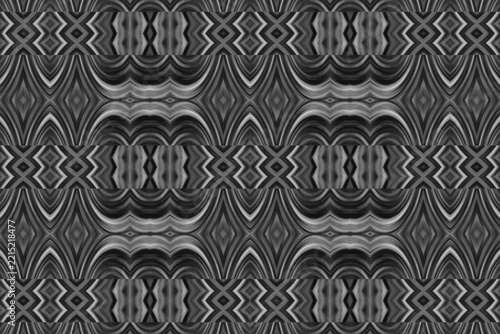 A black-and-white monochrome abstract pattern featuring symmetrical, repeating curved line elements.