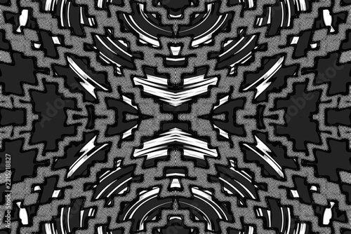 black and white abstract symmetrical pattern with an optical illusion effect