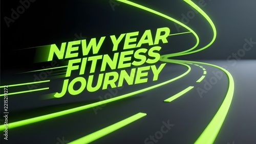 Futuristic New Year Fitness Journey graphic, neon green typography on dark road background, health motivation background