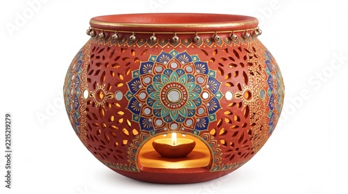 Traditional Gujarati Garbo clay pot with perforated patterns, hand-painted mandala, mirror work and lit diya inside