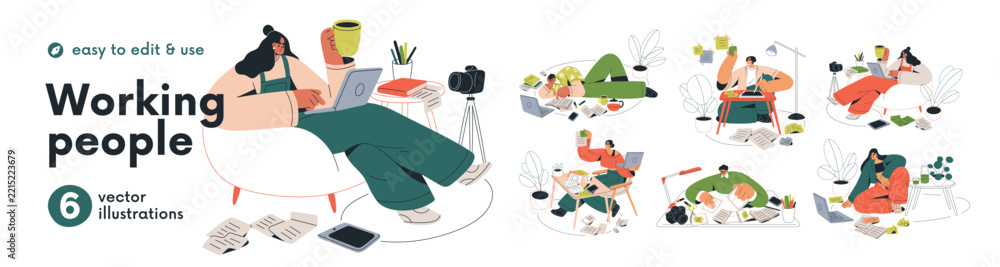 Fototapeta premium Creative people working set. Designers, script writers, copywriters at work. Characters working on ideas and content, taking notes on laptop. Flat vector illustrations isolated on white background