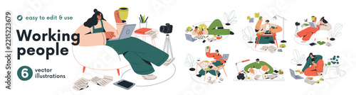 Creative people working set. Designers, script writers, copywriters at work. Characters working on ideas and content, taking notes on laptop. Flat vector illustrations isolated on white background