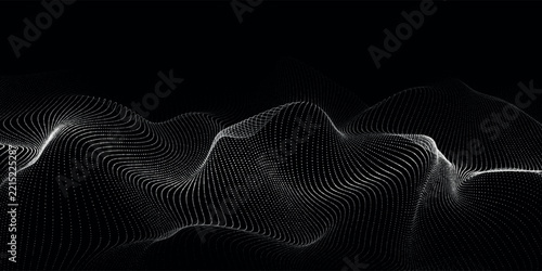 Wave of particles on dark digital background. Abstract technology background. Big data visualization. Vector illustration.