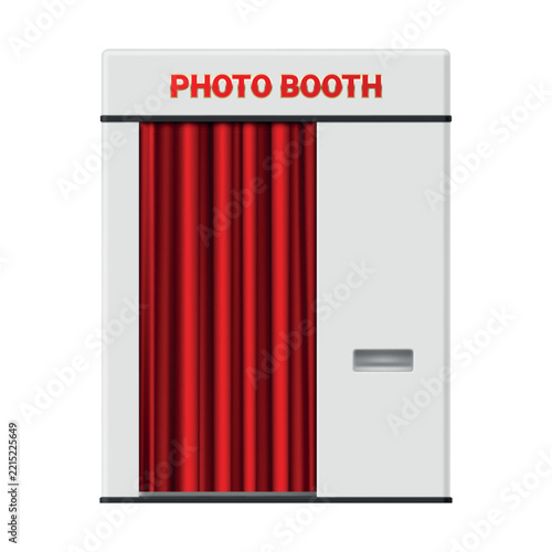 White photo booth with red curtain and bold lettering isolated on white background entertainment equipment