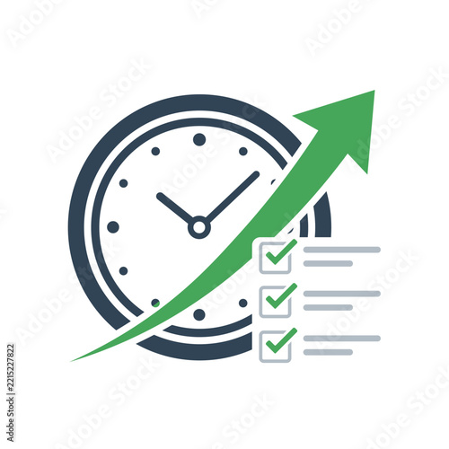 Time management icon showing clock, rising arrow, and checklist