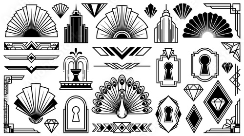 Art Deco ornamental design elements set with sunburst fans peacock fountain and geometric borders