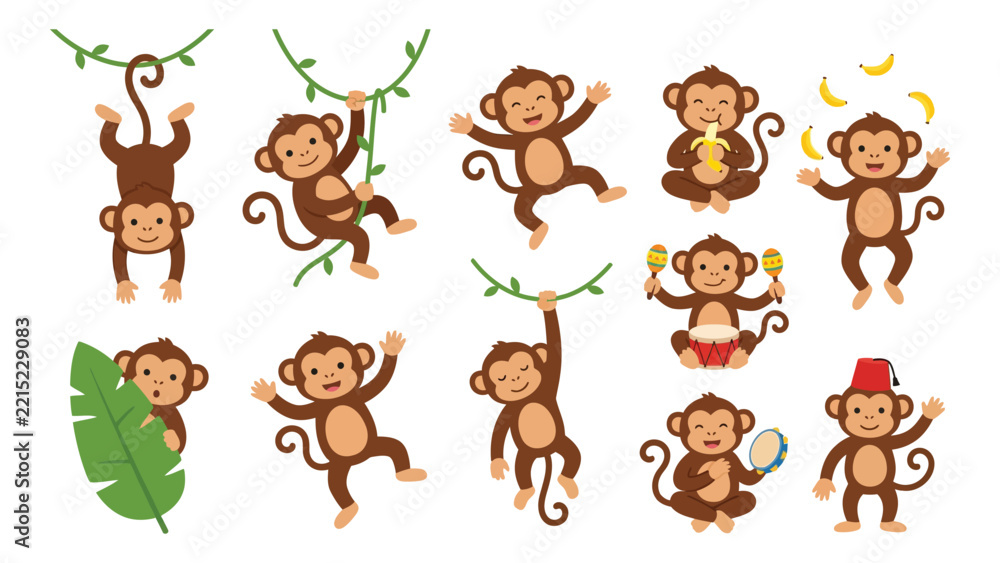 Fototapeta premium Cartoon Monkey Illustration, Ten Monkeys in Various Playful Poses