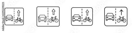 Black and white road lane with car and bicycle symbols representing transport options and urban mobility.