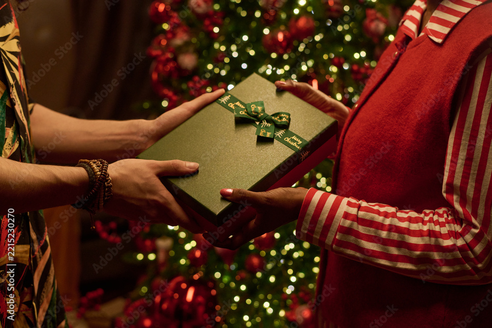 Fototapeta premium Cropped hands of young adult giving wrapped Christmas gift box to Black woman near decorated tree. Useful for holiday shopping campaigns, retail promotions, seasonal festive greetings