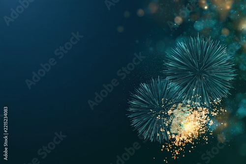 Teal and Gold Fireworks with Glittering Bokeh