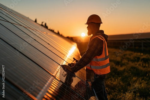 Engineer in Hard Hat Inspecting Solar Panels at Sunset