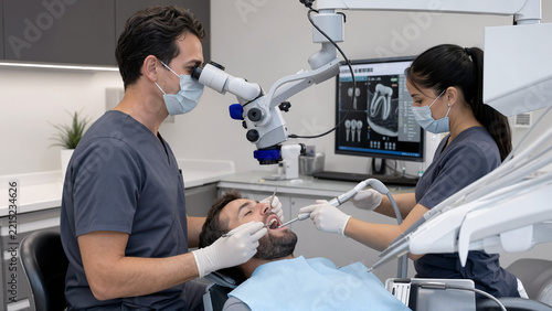 Endodontic treatment with operating microscope performed by dental professionals with patient in chair. Endodontic procedure involves precise examination and intervention using microscope technology.