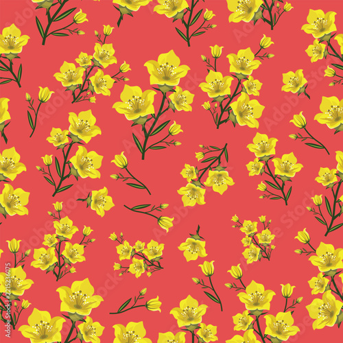 Seamless floral pattern with yellow flowers on pink background