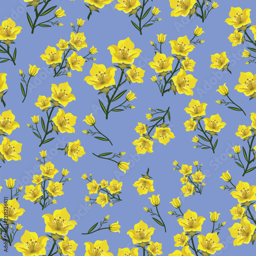 Seamless floral pattern with yellow flowers on blue background