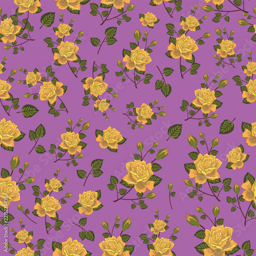 Seamless floral pattern with yellow roses on purple background