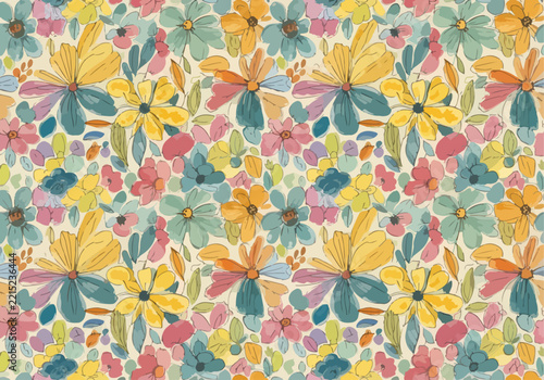 Romantic Seamless Flower Background with Vintage Blossoms and Natural Curving Leaves