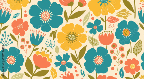 Vintage Seamless Flower Pattern Featuring Beautiful Blossoms and Ornamental Natural Foliage