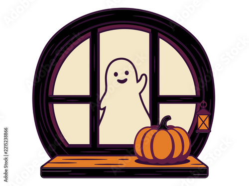 Friendly ghost waving from a vintage arched window with a pumpkin below