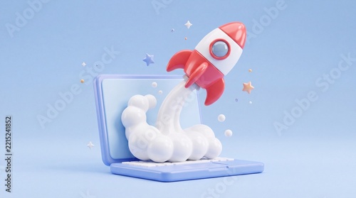 3D Render of Rocket Launching Out of Laptop Screen Startup Concept