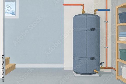 Water heater with pipes in a utility room