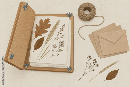 Flower press with dried leaves and botanical specimens