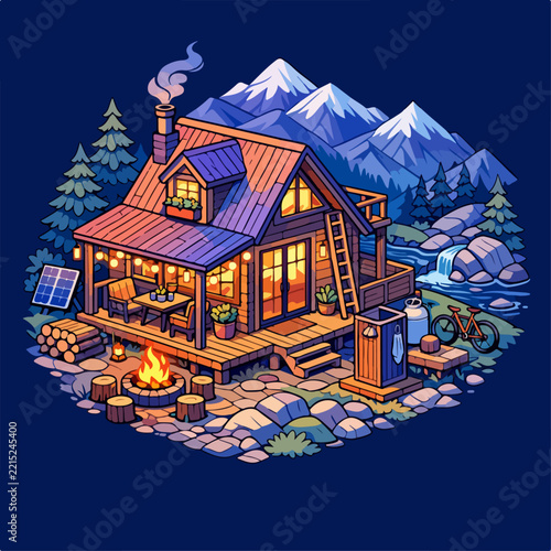 Cozy mountain cabin with campfire and solar panel illustration of rustic living and outdoor adventure perfect for travel and lifestyle themes