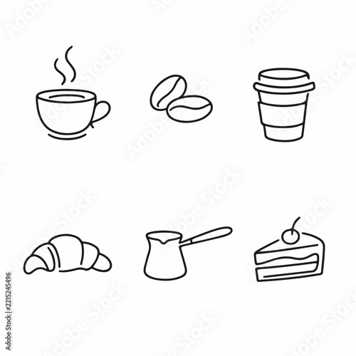 Collection of simple line art coffee and pastry icons including a hot cup beans takeaway cup croissant cezve and cake slice perfect for cafe branding and menu design