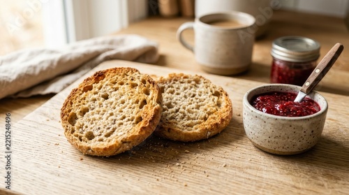 Warm English Muffins with Jam and Coffee for a Cozy Breakfast Spread on a Rustic Wooden Table
