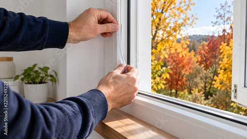 Close up of hands applying weatherstrip seal tape to window frame in autumn, home insulation and energy saving preparation for winter