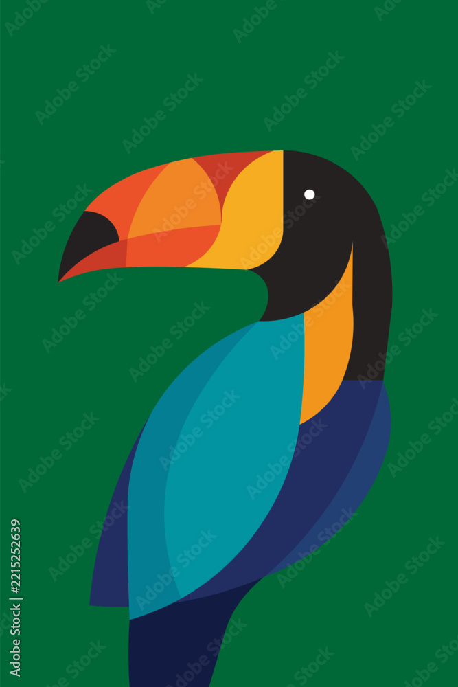 Fototapeta premium Vibrant flat vector illustration of a toucan bird with a colorful large beak, minimalist geometric design, and rich green background for creative modern projects.