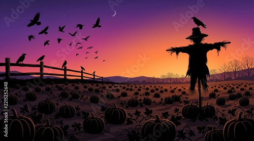 Scarecrow in a pumpkin patch. Crows flying across a sunset sky. Halloween illustration vector