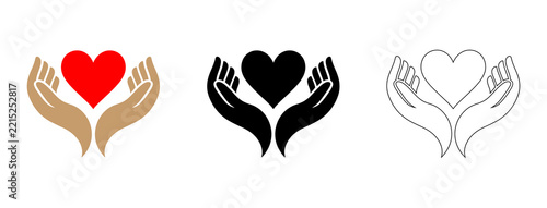 Hands cradling a heart shape is depicted in three color variations a vector illustration affection