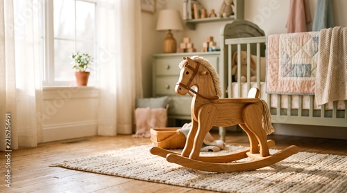 A classic wooden rocking horse sits in the center of a sunlit nursery featuring pastel decor, a vintage crib, and soft earth tone textures in a warm room.