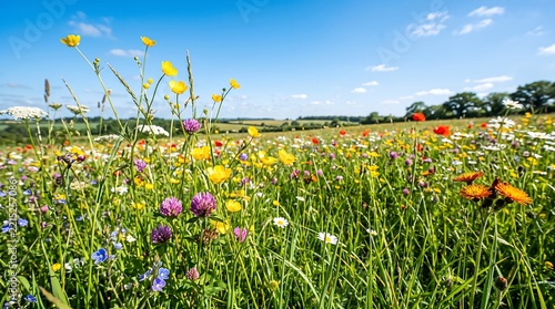 A vibrant meadow of colorful wildflowers blooming in early summer under a bright sky with lush green grass and yellow clover in a wide landscape.