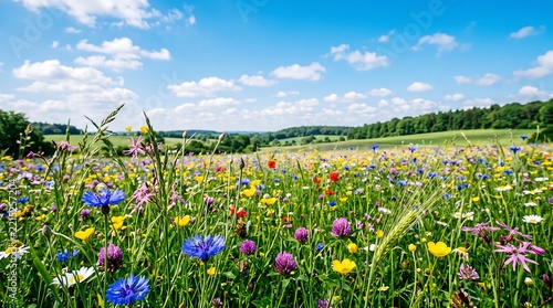A vibrant summer meadow filled with diverse colorful wildflowers and green grass under a vast bright blue sky with scattered white fluffy clouds.